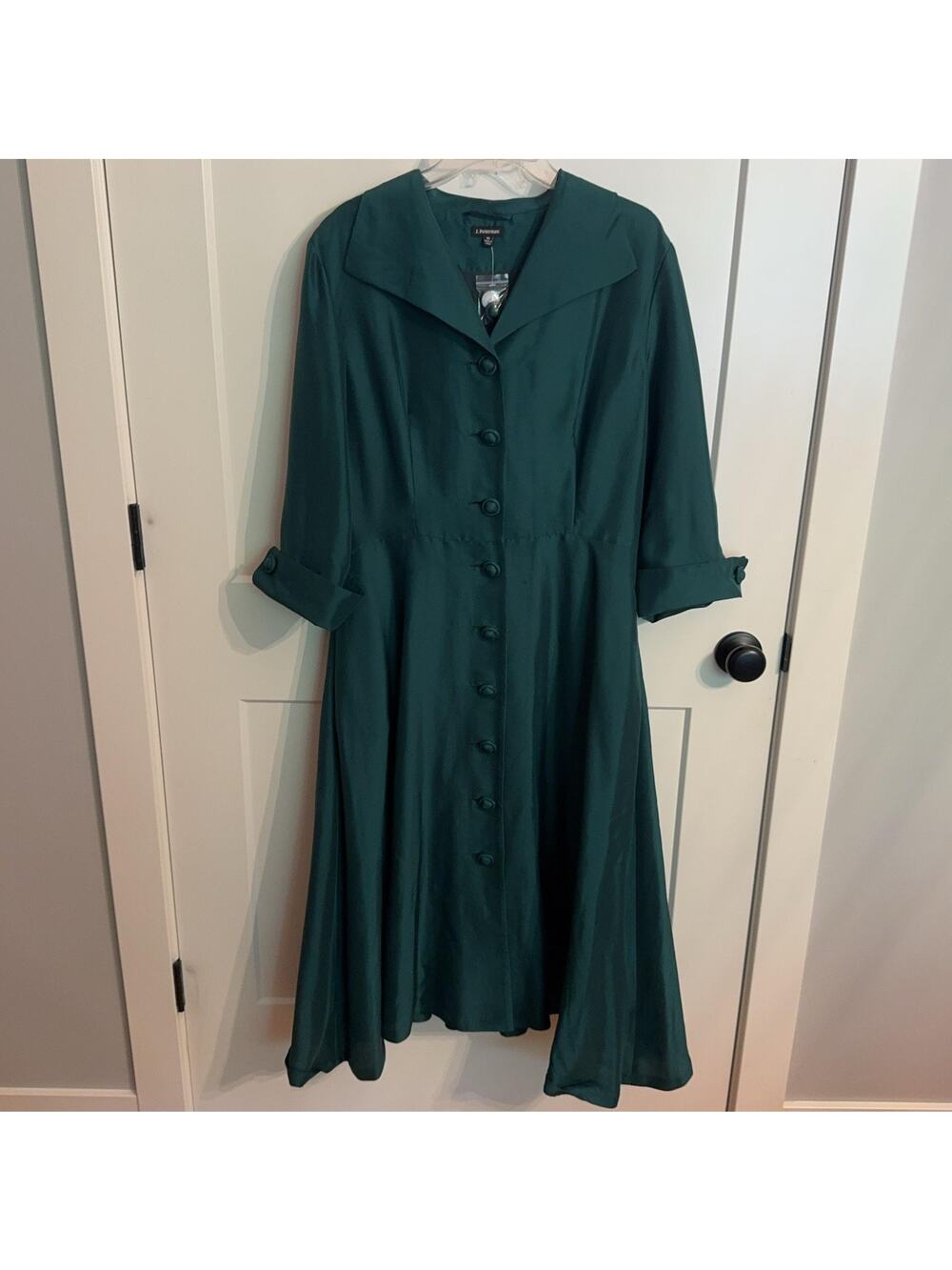 J. Peterman Dress Vintage Sz 16 Green Button Front Fit Flare Shirt Midi Classic